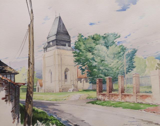 L'église fortifiée de Crestot, village du plateau du Neubourg, dans l'Eure (27), Normandie, France. Aquarelle du dessinateur-écrivain…