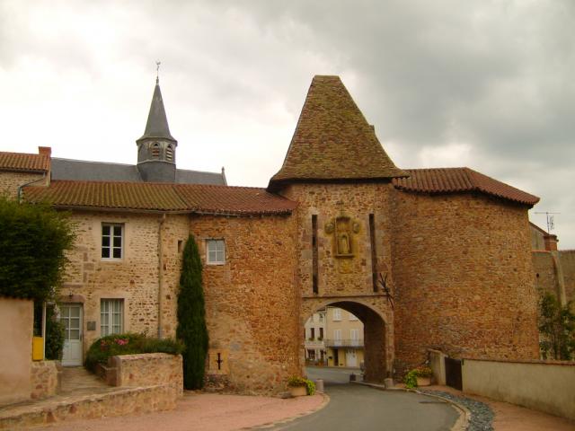 Fortified city gate of Montaiguët-en-Forez, Bourbonnais, Allier, France.