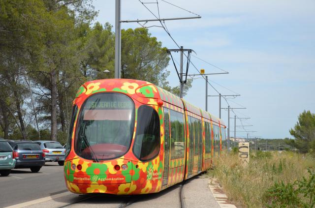 Alstom Citadis 302 n°2050 sur la ligne T2 du réseau TAM de Montpellier, près de son terminus Jacou.