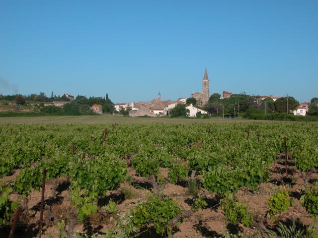 Vue du vieux Maraussan (Hérault), le clocher de l'église et l'ancienne mairie