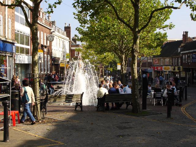 Ashford High Street and fountain Ashford High Street and fountain on a sunny afternoon before water restriction switched the fountain off