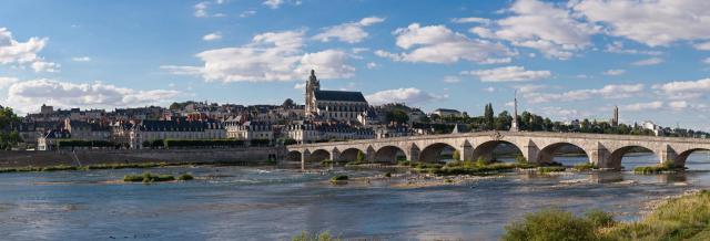 Vue panoramique de Blois (Loir-et-Cher, France), avec notamment le pont Jacques-Gabriel sur la Loire, la cathédrale Saint-Louis, et tout à…
