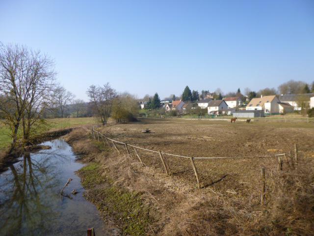 Courtenay, Loiret, région Centre, France. Rue du Four à Chaux, pont le plus au nord : la Bézaude ou ru du Petit Moulin, petit affluent de…