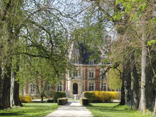 Le château de Pocancy (France) et son allée, vus depuis l'entrée du domaine.
