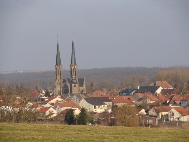 Sarralbe (Moselle), vue de la ville et de l'église Saint-Martin.