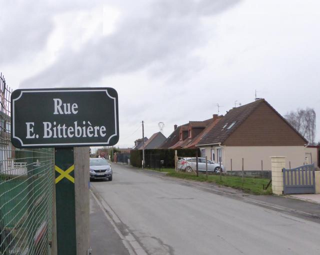 Plaque de la rue Emile Bittebière, maire durant 20 années de la commune de Hantay, Nord.-France