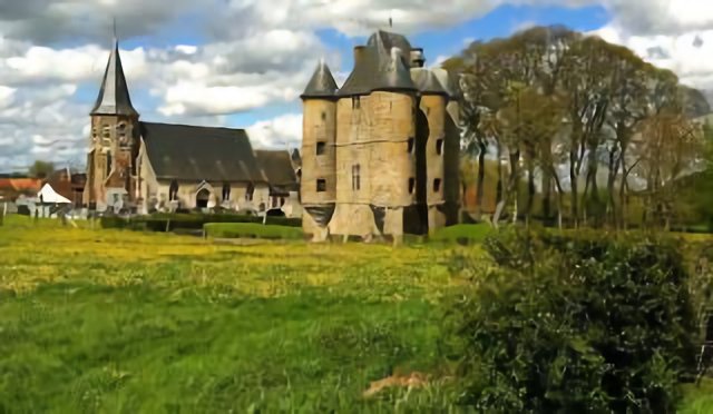 Le donjon et l'église de Bours dans leur cadre préservé ( crahg.free.fr )