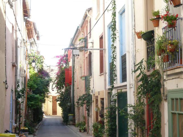 Argelès-sur-Mer (Pyrénées-Orientales, France) - Rue de la Fraternité ou rue Vermeille à l'heure du marché hebdomadaire d'aout.