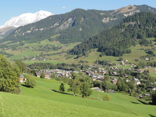 Le village de Praz-sur-Arly. Photo prise du lieu-dit La Tonnaz avec, au fond le Mont-Blanc