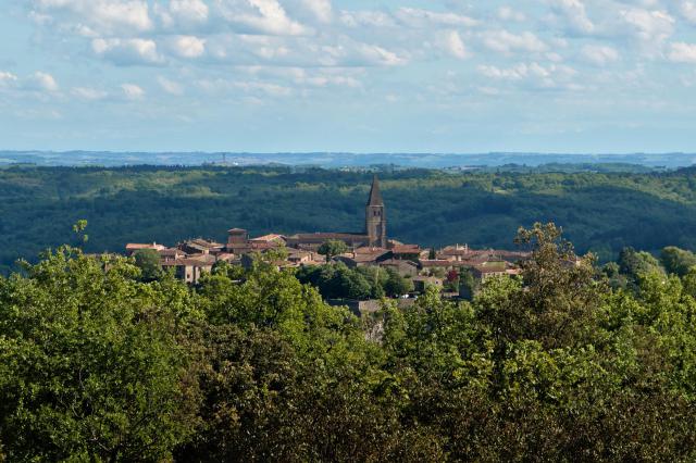 Vue de Puycelsi du nord, depuis la forêt domaniale de Grésigne.