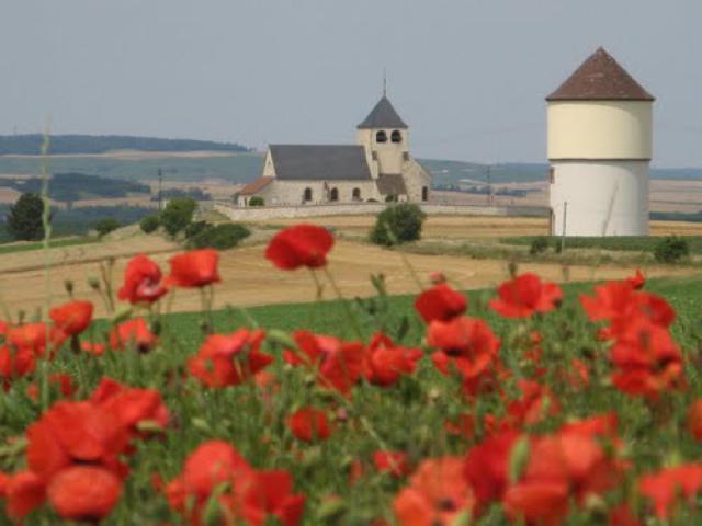 Coquelicots, Chateau d'eau et Eglise à St Hilaire sous Romilly (Aube)