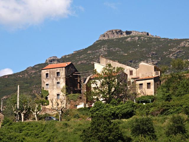 Poggio-d'Oletta, Nebbio (Corse) - Le haut de Poggio, dominé par le Monte a a Torre (852 m)