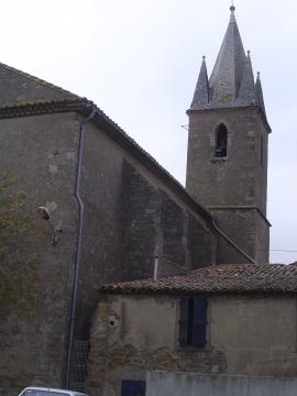 Detall del campanar de l'esglèsia de Conilhac