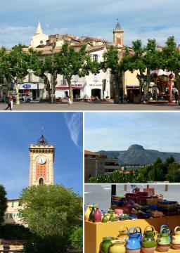 De haut en bas et de gauche à droite : Vieille ville d'Aubagne, Tour de l'Horloge, le Garlaban, poteries sur le marché d'Aubagne