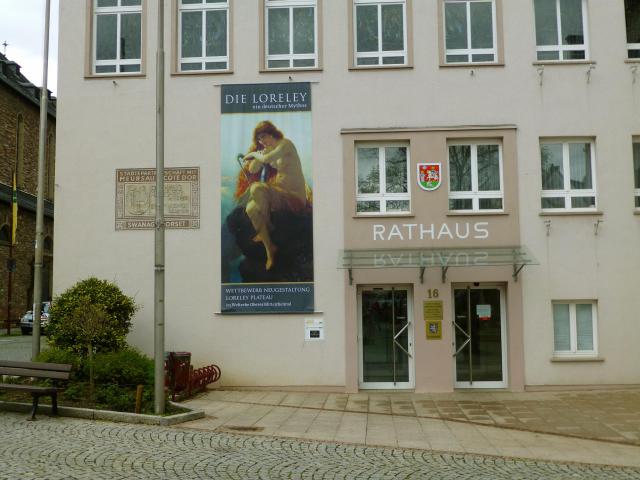 Townhall of Rüdesheim am Rhine, Hesse. Temporary exhibition of the Loreley, April 2016..